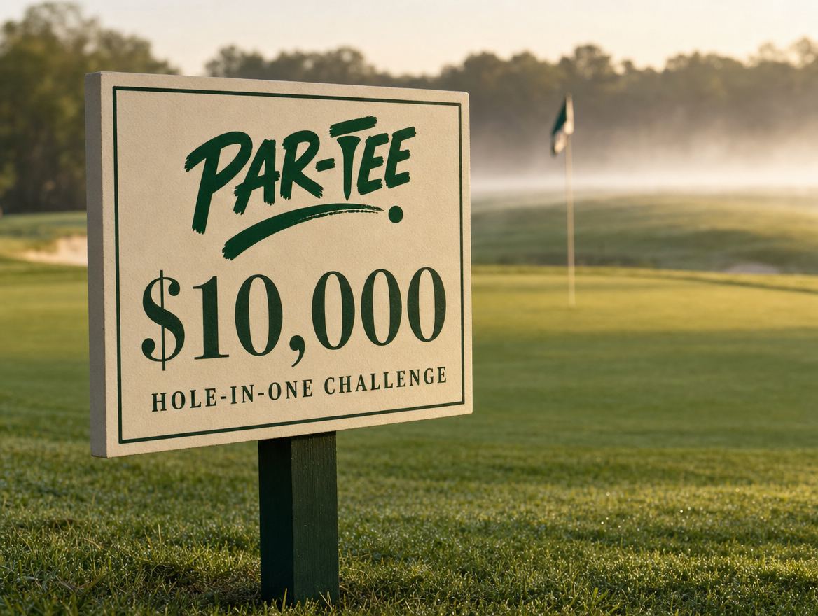 A cream tee-box sign on a green post beside a par 3 tee. It reads Par-Tee, $10,000, Hole-in-one challenge.